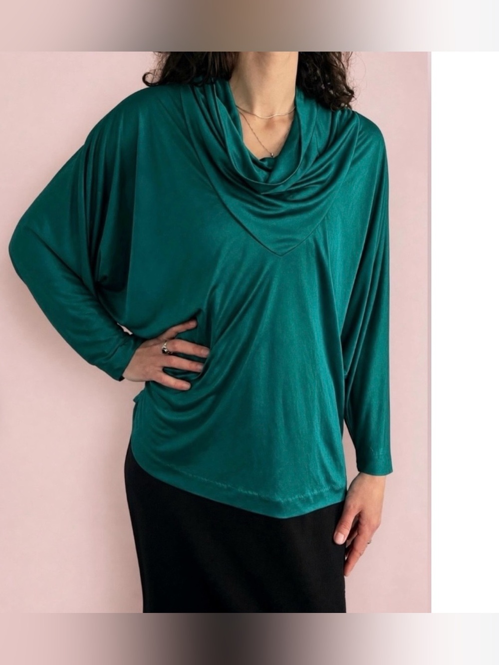 🇨🇦 Vintage Teal Draped Cowl Neck Tunic Top • Fluid Soft Feel• Day to Evening